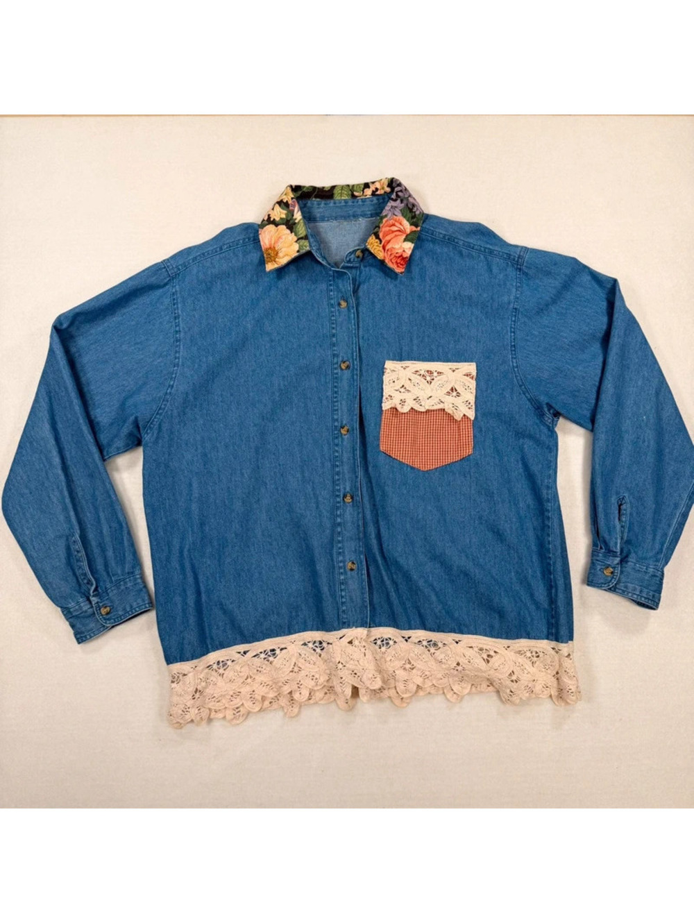 Vintage 90s Upcycled Denim‎ Shirt Floral Collar Lace Hem Cottagecore L
